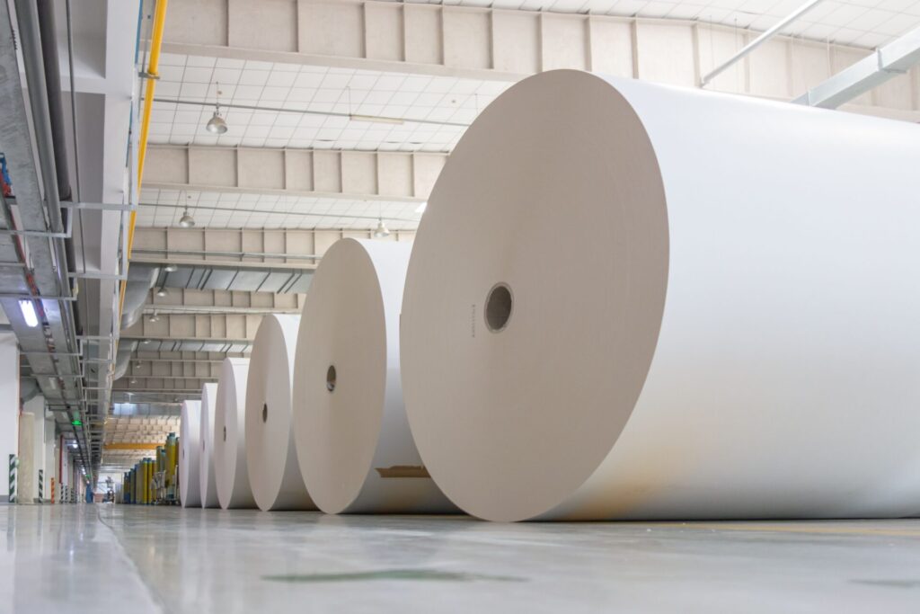 Huge white paper rolls in the factory