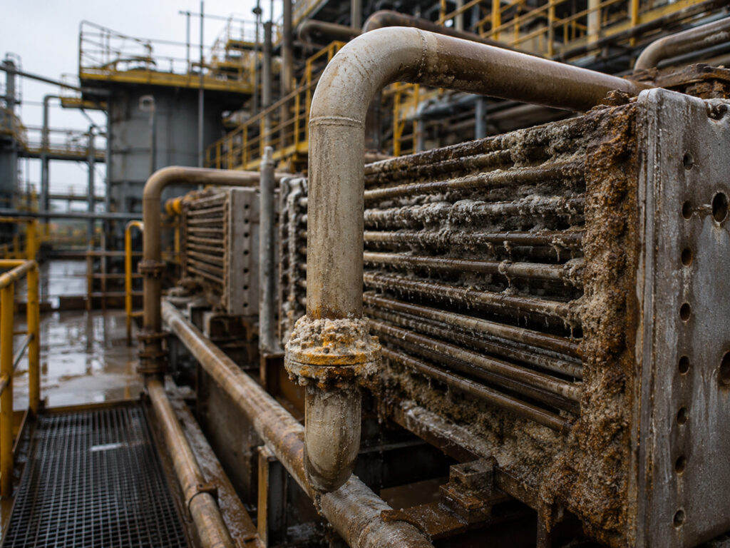 Industrial walkway with corroded machinery