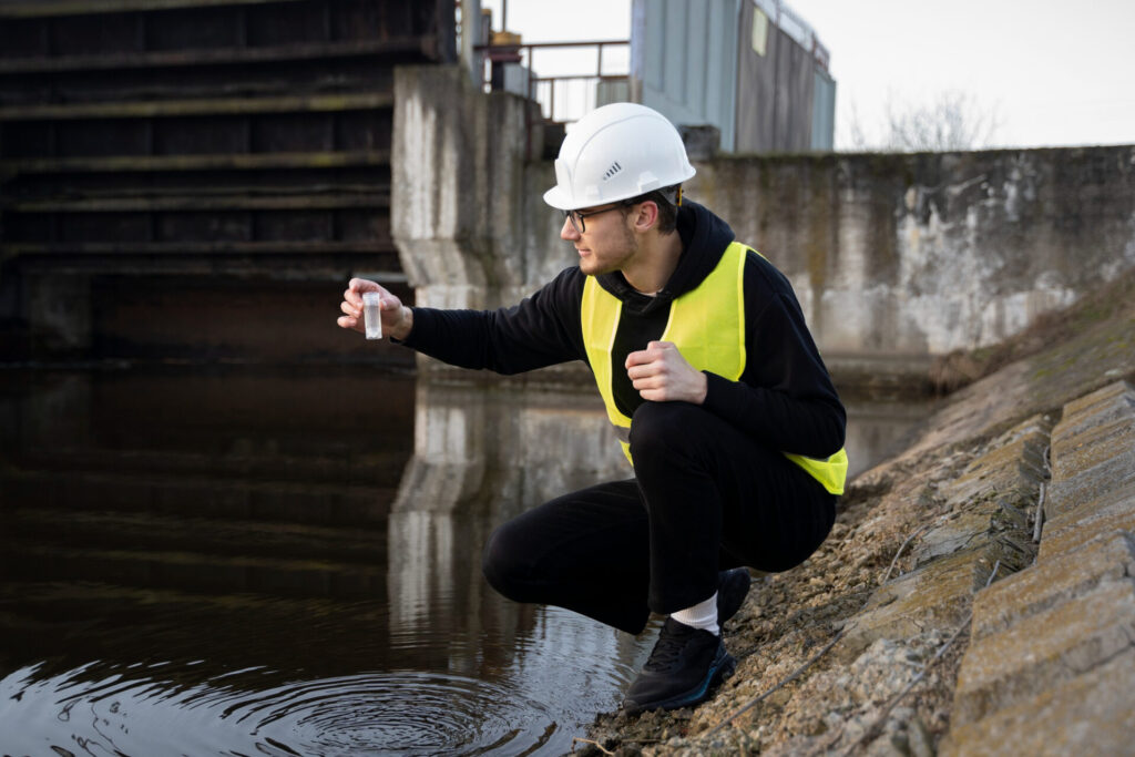 Full shot environmental engineer with water sample